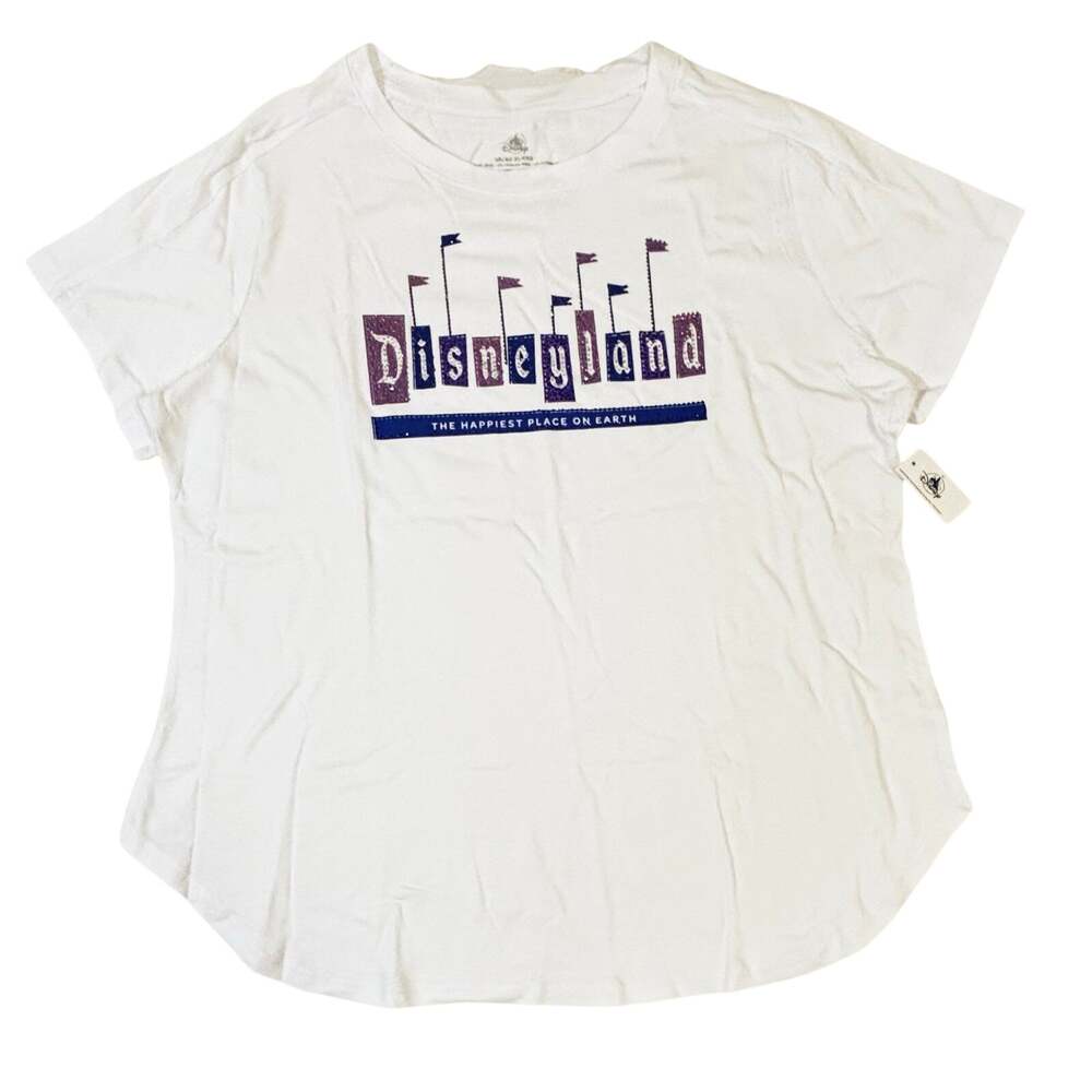 Disney Parks Disneyland Purple Marquee rhinestone Women’s white tee shirt sz XL